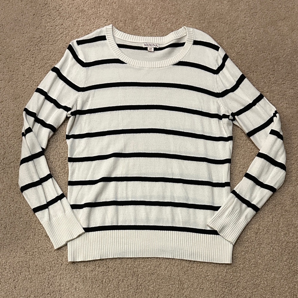 Merona Women's White and Black Striped Crew Neck Sweater